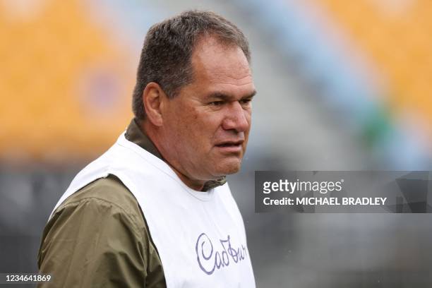 Australia's head coach Dave Rennie looks on during the captain's run training session at Mt Smart Stadium in Auckland on August 13 ahead of their...