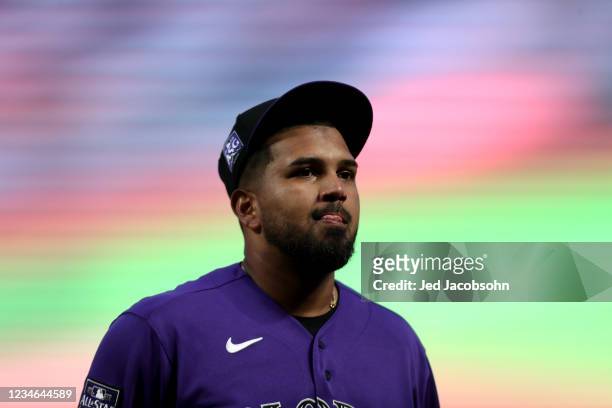 German Marquez of the Colorado Rockies walks off the mound after giving up six runs in the fourth inning against the San Francisco Giants at Oracle...