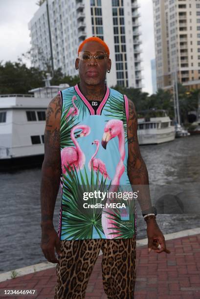 Dennis Rodman is seen at the ManTFup event on August 12, 2021 in Fort Lauderdale, Florida.