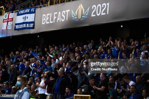 Chelsea`s supporters during the UEFA Super Cup Final match between Chelsea CF and Villarreal CF at Winds or Park on August 11, 2021 in Belfast,...