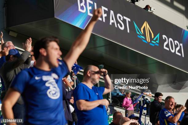 Chelsea`s supporters during the UEFA Super Cup Final match between Chelsea CF and Villarreal CF at Winds or Park on August 11, 2021 in Belfast,...