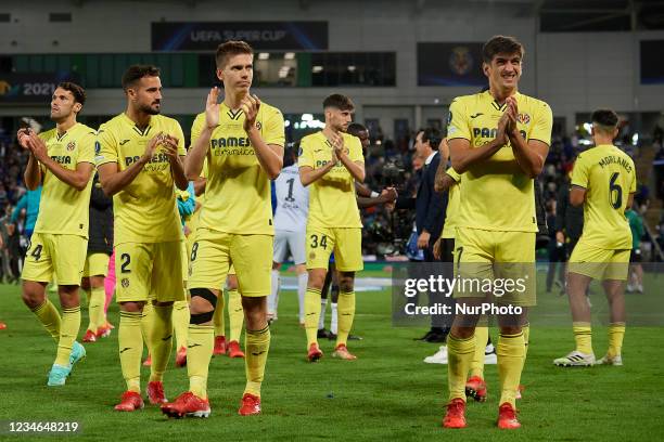 Villarreal`s players after losing the UEFA Super Cup Final match between Chelsea CF and Villarreal CF at Windsor Park on August 11, 2021 in Belfast,...