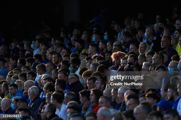 Chelsea`s supporters during the UEFA Super Cup Final match between Chelsea CF and Villarreal CF at Windsor Park on August 11, 2021 in Belfast,...