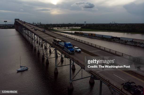 The Calcasieu River Bridge is shown in Lake Charles, Louisiana on July 14, 2021.