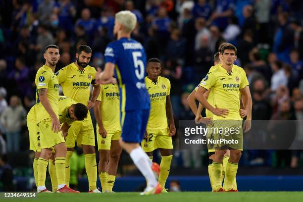 Villarreal`s players look to Jorginho of Chelsea during the UEFA Super Cup Final match between Chelsea CF and Villarreal CF at Windsor Park on August...