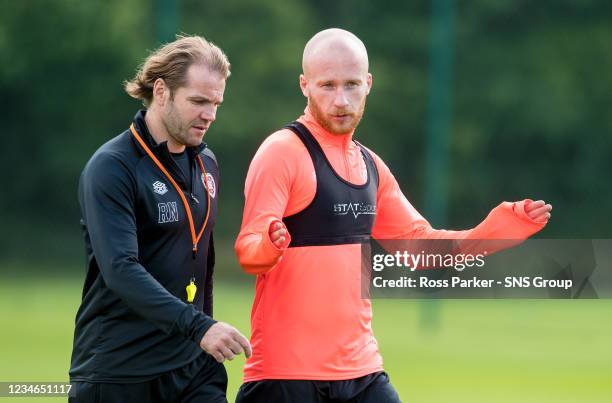 Manager Robbie Neilson and Liam Boyce is pictured during Heart of Midlothian media access at the Oriam, on August 13 in Edinburgh, Scotland.