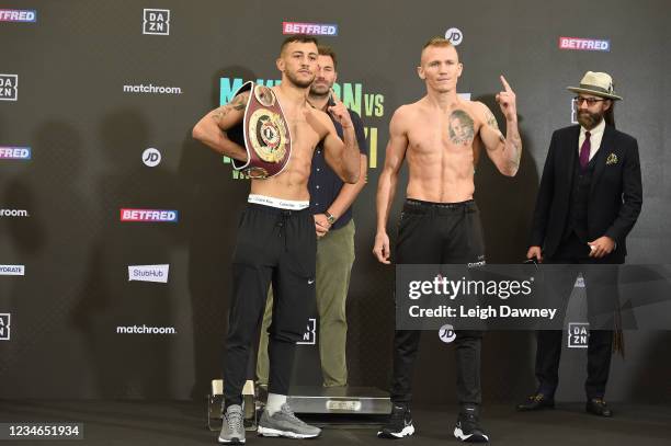 Michael McKinson on August 13, 2021 in Brentwood, England and Przemyslaw Runowski during the weigh in ahead of the WBO Global Welterweight title...