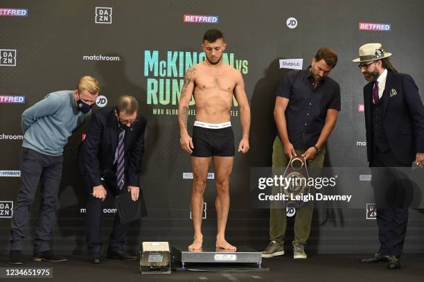 Michael McKinson on August 13, 2021 in Brentwood, England during his weigh in ahead of his fight against Przemyslaw Runowski for the WBO Global...