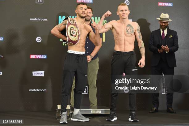 Michael McKinson on August 13, 2021 in Brentwood, England and Przemyslaw Runowski during the weigh in ahead of the WBO Global Welterweight title...