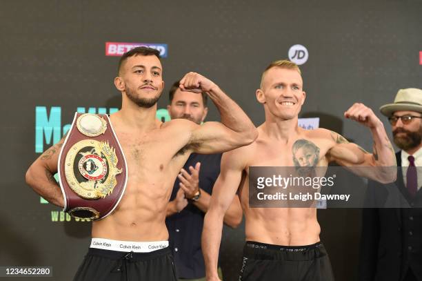 Michael McKinson on August 13, 2021 in Brentwood, England and Przemyslaw Runowski during the weigh in ahead of the WBO Global Welterweight title...