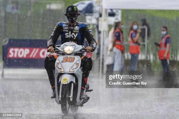 Luca Marini of Italy and Esponsorama Racing in the rain during the MotoGP of Austria - Free Practice at Red Bull Ring on August 13, 2021 in...