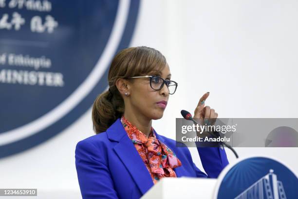 Press Secretary for the Office of the Prime Minister of Ethiopia Billene Seyoum Woldeyes speaks to press regarding the current issues in Tigray, in...