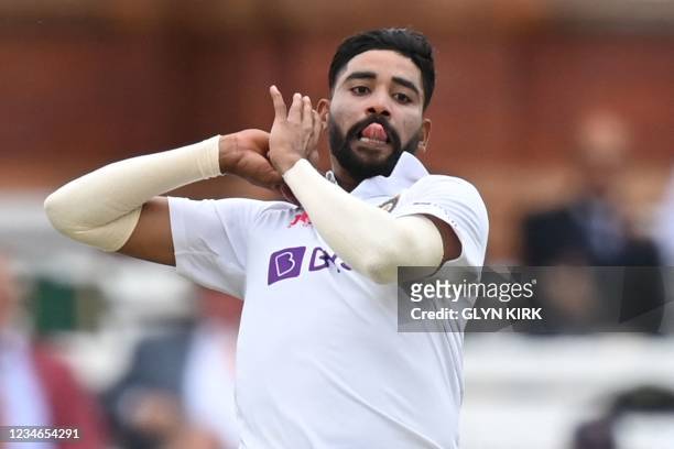 India's Mohammed Siraj bowls on the second day of the second cricket Test match between England and India at Lord's cricket ground in London on...