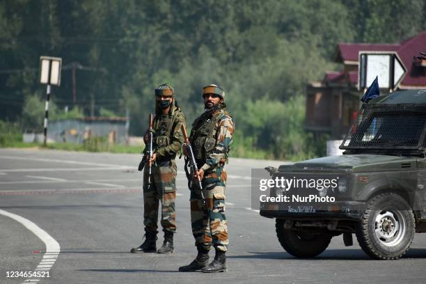 Indian army soldiers near the site of encounter in south Kashmir's Kulgam area, India on August 13, 2021. Inspector General of Police Kashmir range...