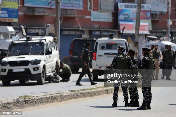 Indian Army Soldiers near the site where suspected militants according to local media lobbed a grenade on security forces in which 1 CRPF personnel...