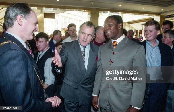 Dublin , Ireland - 6 February 1995; WBO super middleweight champion Chris Eubank is introduced to Lord Mayor of Dublin, Councillor John Gormley,...