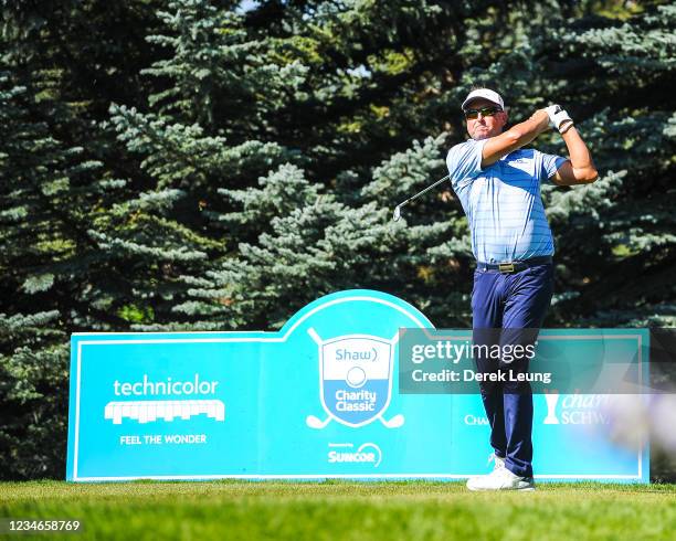 Robert Allenby of Australia takes a shot during round one of the Shaw Charity Classic at Canyon Meadows Golf & Country Club on August 13, 2021 in...