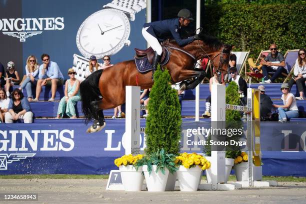 Florian Angot of France riding Chrome d'Ivraie during the Longines Classic Deauville on August 13, 2021 in Deauville, France.