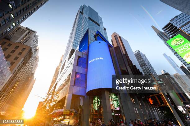 View of the exterior of The Morgan Stanley Headquarters at 1585 Broadway in Times Square in New York City, July, 2021.