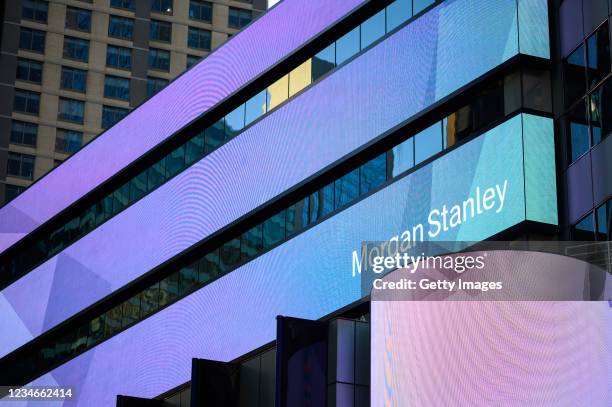 View of the exterior of The Morgan Stanley Headquarters at 1585 Broadway in Times Square in New York City, July, 2021.