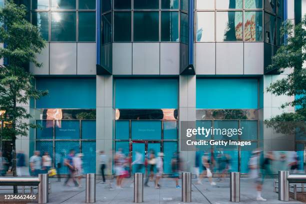 View of the exterior of The Morgan Stanley Headquarters at 1585 Broadway in Times Square in New York City, July, 2021.