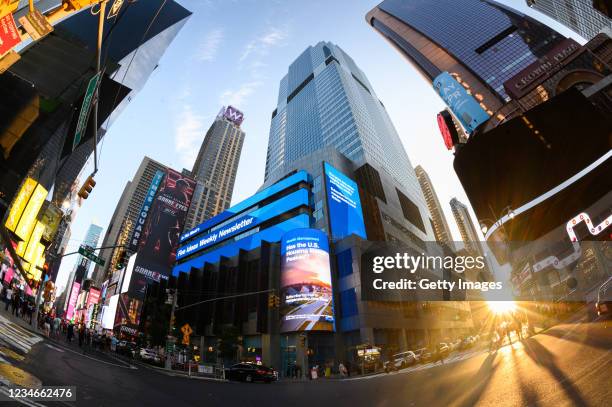 View of the exterior of The Morgan Stanley Headquarters at 1585 Broadway in Times Square in New York City, July, 2021.