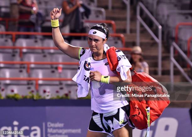 Ons Jabeur of Tunisia walks off the court after her loss to Jessica Pegula of the United States during her Womens Singles Quarterfinals match on Day...