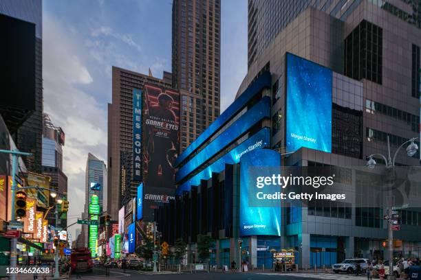 View of the exterior of The Morgan Stanley Headquarters at 1585 Broadway in Times Square in New York City, July, 2021.