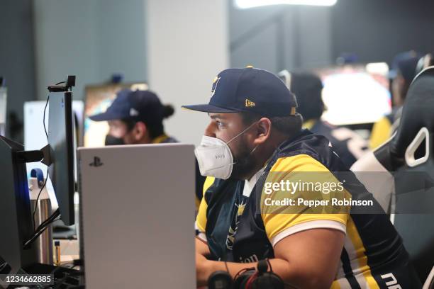 WoLF of the Pacers Gaming looks on during the game against the Pistons Gaming Team on August 13, 2021 at the Ascension St. Vincent Center in...