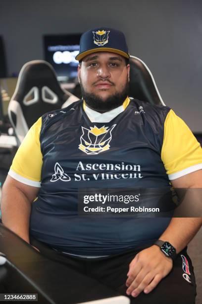 WoLF of the Pacers Gaming poses for a photo before the game against the Pistons Gaming Team on August 13, 2021 at the Ascension St. Vincent Center in...