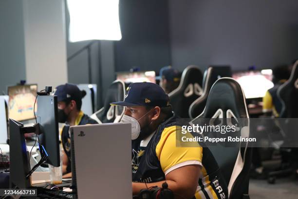 WoLF of the Pacers Gaming looks on during the game against the Pistons Gaming Team on August 13, 2021 at the Ascension St. Vincent Center in...