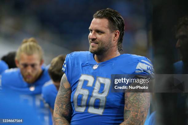 Detroit Lions offensive tackle Taylor Decker is seen during the first half of the preseason NFL football game against the Buffalo Bills in Detroit,...