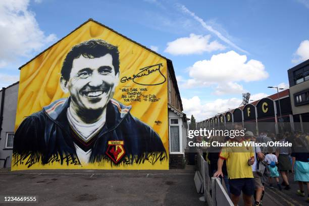 Mural of beloved ex-manager Graham Taylor next to Vicarage Road ahead of the Premier League match between Watford and Aston Villa at Vicarage Road on...