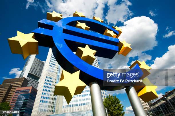 sculpture of euro symbol - european central bank stock pictures, royalty-free photos & images