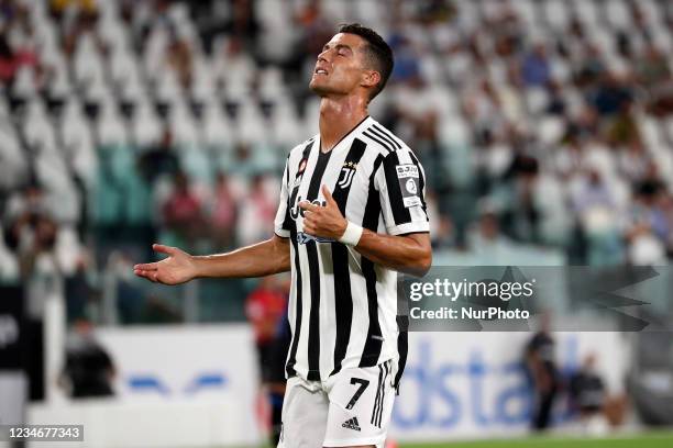 Cristiano Ronaldo of Juventus reacts to a missed chance during to the pre-season friendly match between Juventus and Atalanta BC at Allianz Stadium...