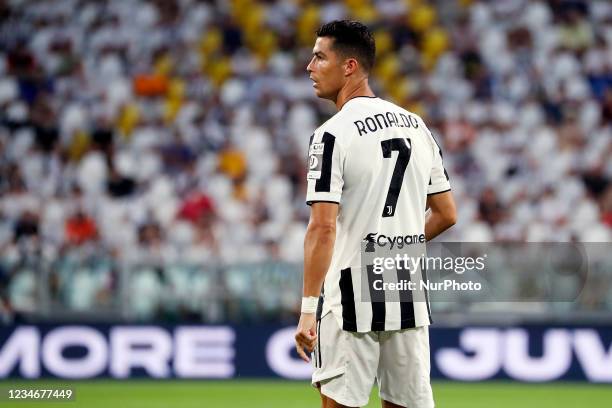 Cristiano Ronaldo of Juventus looks on during to the pre-season friendly match between Juventus and Atalanta BC at Allianz Stadium on August 14, 2021...