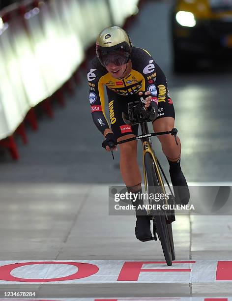 Team Jumbo's Slovenian rider Primoz Roglic crosses the finish-line during the 1st stage of the 2021 La Vuelta cycling tour of Spain, an 7,1...