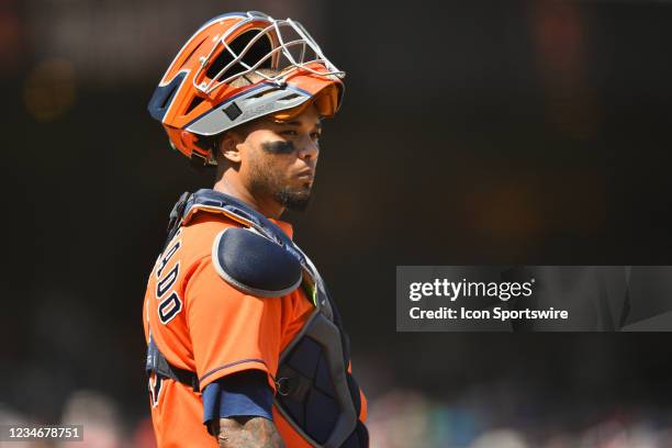 Houston Astros catcher Martin Maldonado looks on during a MLB game between the Houston Astros and the San Francisco Giants on July 31, 2021 at Oracle...