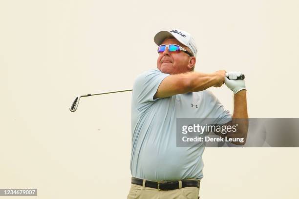 Billy Mayfair of USA tees off on the ninth hole during round two of the Shaw Charity Classic at Canyon Meadows Golf & Country Club on August 14, 2021...