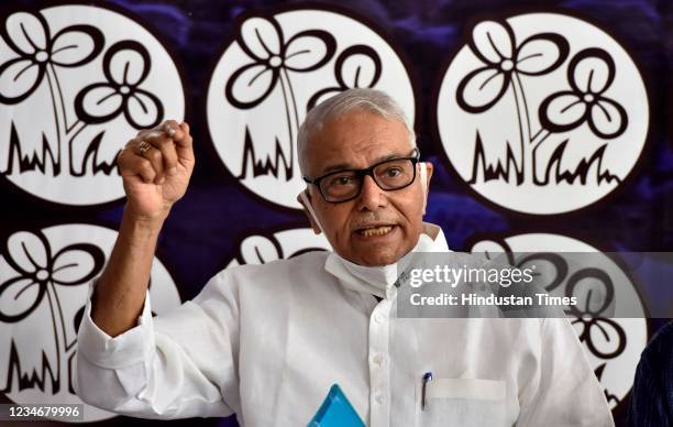 Trinomul Congress leader Yashwant Sinha address press conference on August 14, 2021 in New Delhi, India.