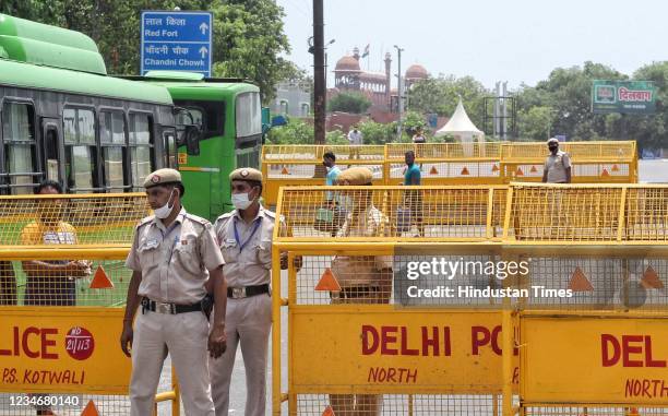 Police barricade near Red Fort on the eve of Prime minister address to the nation on the occassion of 75th Independent Day celebration on August 14,...