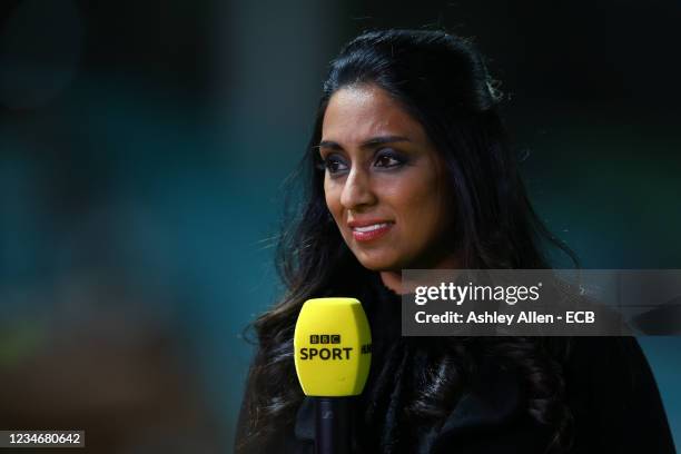 Isa Guha looks on during The Hundred match between Oval Invincibles Men and London Spirit Men at The Kia Oval on August 14, 2021 in London, England.