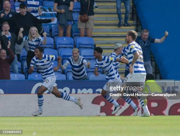 Reading's Femi Azeez celebrates scoring his side's first goal during the Sky Bet Championship match between Reading and Preston North End at Madejski...