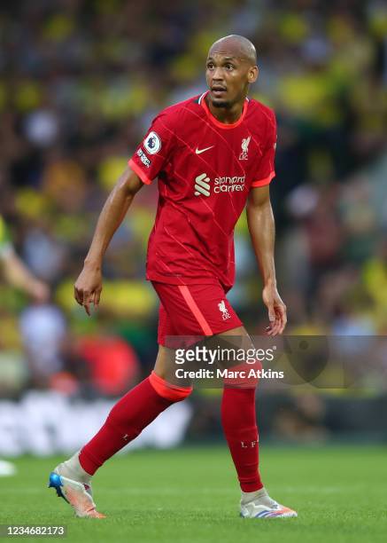 Fabinho of Liverpool during the Premier League match between Norwich City and Liverpool at Carrow Road on August 14, 2021 in Norwich, England.