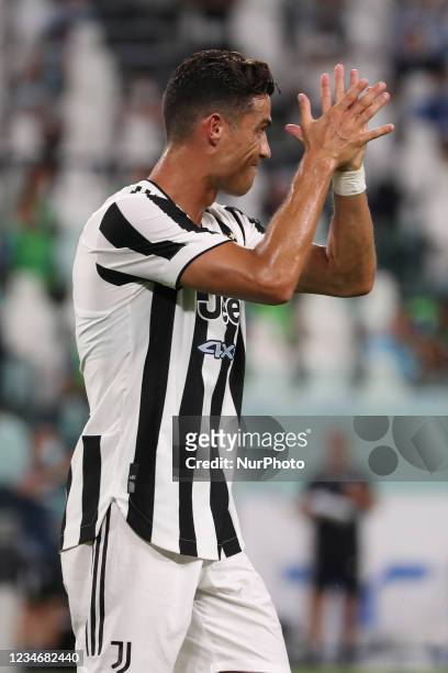 Cristiano Ronaldo of Juventus gestures during to the pre-season friendly match between Juventus and Atalanta BC at Allianz Stadium on August 14, 2021...
