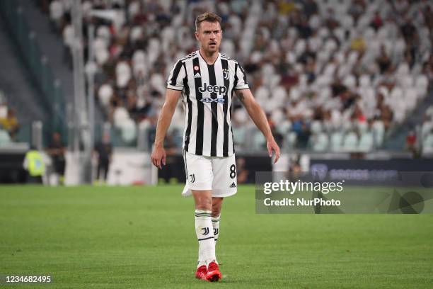 Aaron Ramsey of Juventus looks on during to the pre-season friendly match between Juventus and Atalanta BC at Allianz Stadium on August 14, 2021 in...