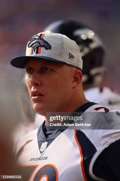 Garett Bolles of the Denver Broncos watches the play in the fourth quarter of preseason play against the Minnesota Vikings at U.S. Bank Stadium on...