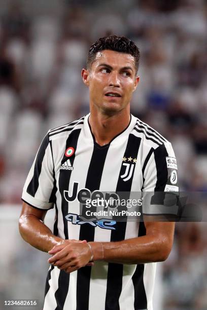 Cristiano Ronaldo of Juventus looks on during to the pre-season friendly match between Juventus and Atalanta BC at Allianz Stadium on August 14, 2021...