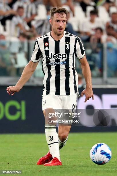 Aaron Ramsey of Juventus in action during to the pre-season friendly match between Juventus and Atalanta BC at Allianz Stadium on August 14, 2021 in...