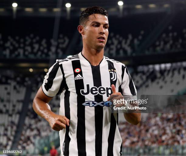 Cristiano Ronaldo of Juventus looks on during to the pre-season friendly match between Juventus and Atalanta BC at Allianz Stadium on August 14, 2021...